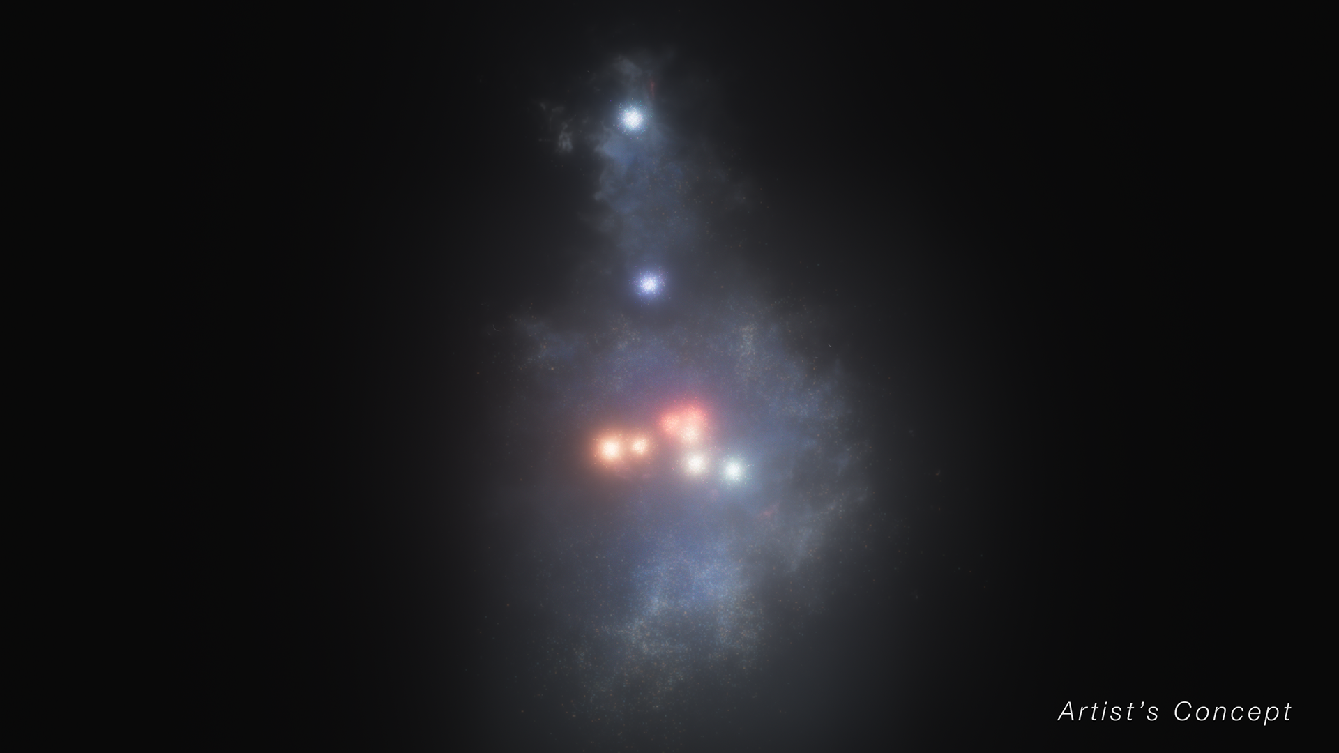 An illustration of what the Firefly Sparkle galaxy might have looked like when it existed in the early universe. The horizontal frame has a black background. The galaxy is in the middle, beginning in a triangle at the top, forming two wider points toward the lower center, and coming to a rounder point at the bottom, forming a rough parallelogram. There are tiny white stars throughout the galaxy, which appear in hazy layers. There are 10 separate, prominent round star clusters, which each have bright colors. Toward the top is a bright blue star cluster. Below that is a purple star cluster. The majority of the star clusters are close to one another just below center, and appear in oranges, pinks, white, and blue. The star clusters are the brightest sections of the overall galaxy. Its other diffuse areas of white stars are dimmer. At the bottom right are the words, Artist’s Concept.