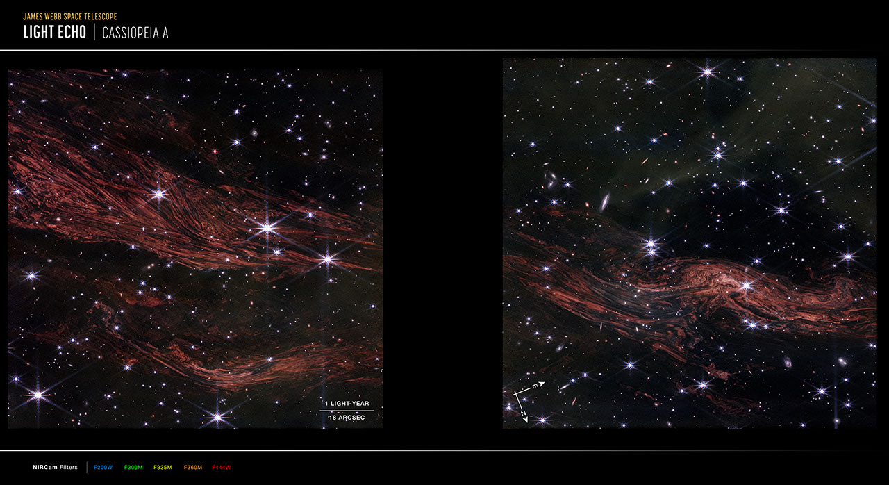 Image of light echoes in the vicinity of Cassiopeia A. Two images are separated by a vertical black bar where there is no data.