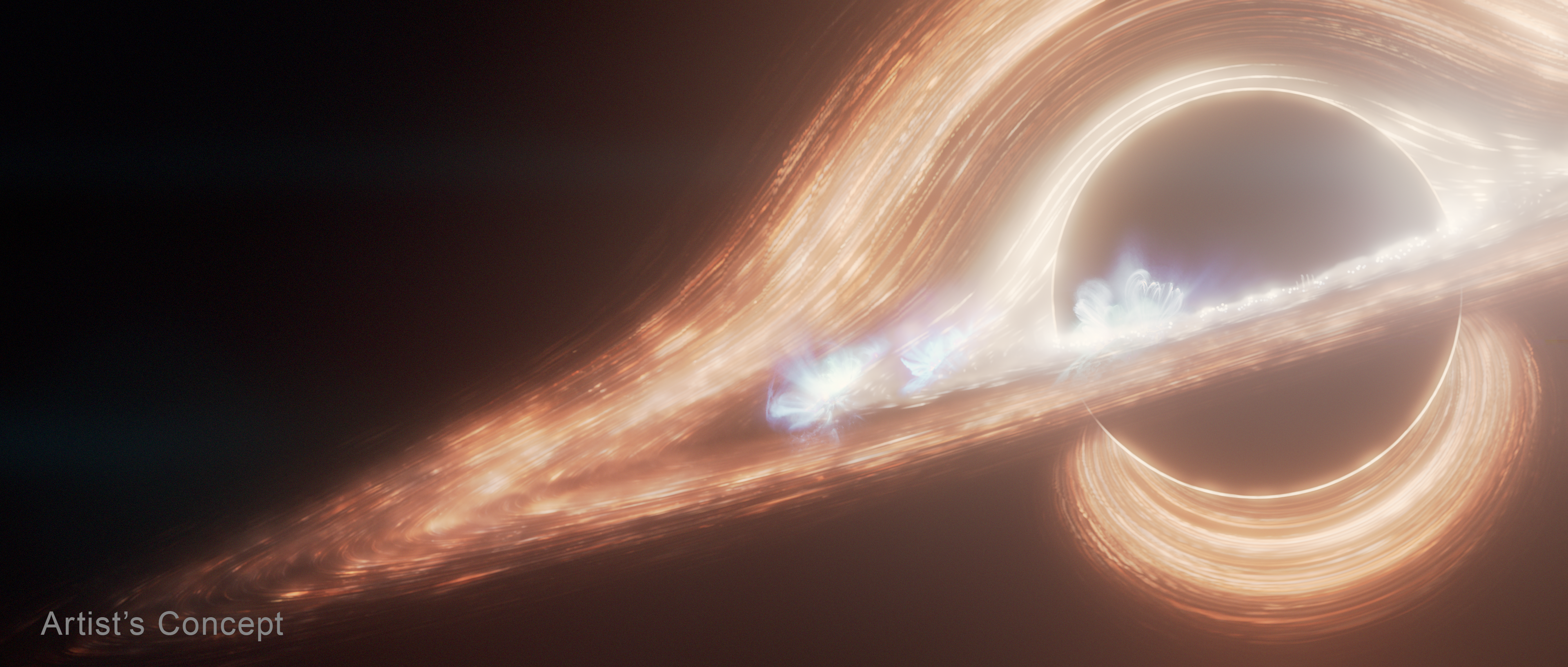 A large, black circle representing a black hole occupies the right third of the frame in this illustration. Thick, clumpy orange streaks arc above and below it, essentially surrounding it. The top arc extends down to the lower left and then curves around in front of the black hole to form a disk that is tilted toward the viewer. Near the inner edge of the disk, several bright, whiter spots have blue filaments looping above them, representing flares. The words “Artist’s Concept” appear below the illustration.