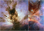 A collage of three near-infrared images showing a dusty nebula. The left two-thirds of the collage is taken up by a Hubble image of the nebula. The remaining third is taken up by two Webb images, one atop the other. The Hubble image has a pillar of dense brown dust running through the nebula at a diagonal from 5 o’clock to 11 o’clock. Wispy plumes appear to fly off from the pillar toward the sides amid blue clouds of the same material, which are whiter near the pillar. There are many white stars spread throughout. Two separate, white squares, tilted about 30 degrees, outline two areas in the pillar. The upper square has the letter “A” to the top right, while the lower square is marked by the letter “B”. These labels correspond to the two, magnified images of the nebula at right, with the top image also labeled “A” and the bottom image labeled “B”. Both images contain a mixture of reds, blues and browns, and show red, blue, and white stars.