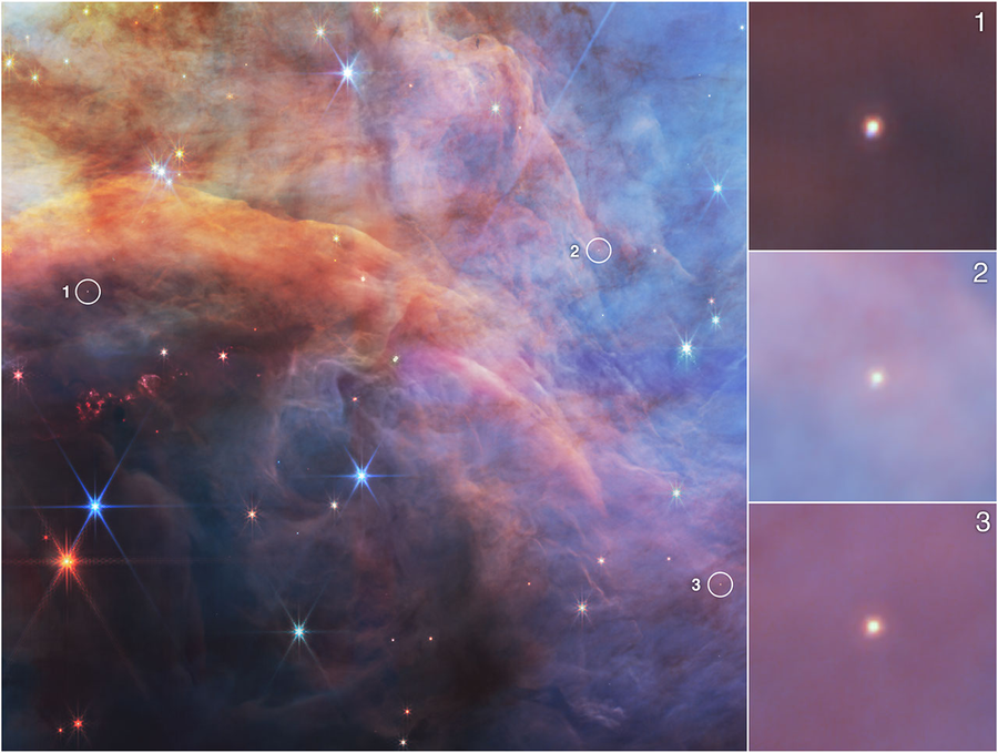 A collage of four images showing a dusty nebula. Two-thirds of the collage is taken up by a single image of the nebula, while the remaining third shows three insets stacked on top of each other. In the largest image at left, there is an orange and yellow fang-like cloud of matter that cuts the image in two. The left side of the fang shows more clouds of a dark brown shade, while the right shows filaments of light brown. There are a number of bright blue and red points of light spread throughout, three of which are circled in white and labeled with a number from one to three. Circle 1 is located at about 12 o’clock in the middle of the fang-like cloud, while Circle 2 is at about 5 o’clock and Circle 3 is located at about 7 o’clock, toward the bottom left of the image. Each circle magnifies an individual object, which is shown in each of the three squares to the right of the collage, labeled 1 to 3 from top to bottom. Each image contains a single, fuzzy point of light in the middle.