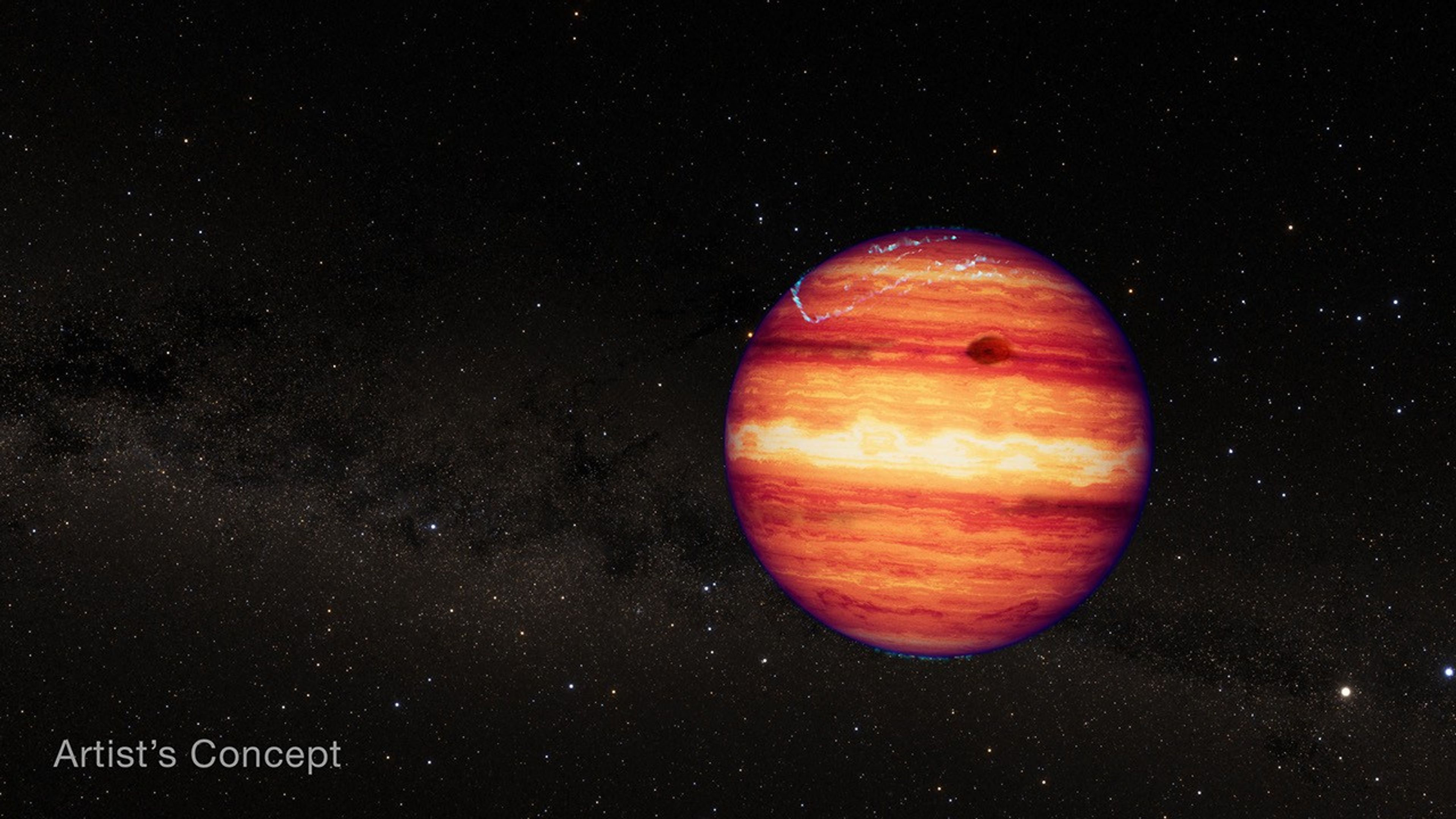 Illustration of a gas giant planet or brown dwarf on a background of distant stars.