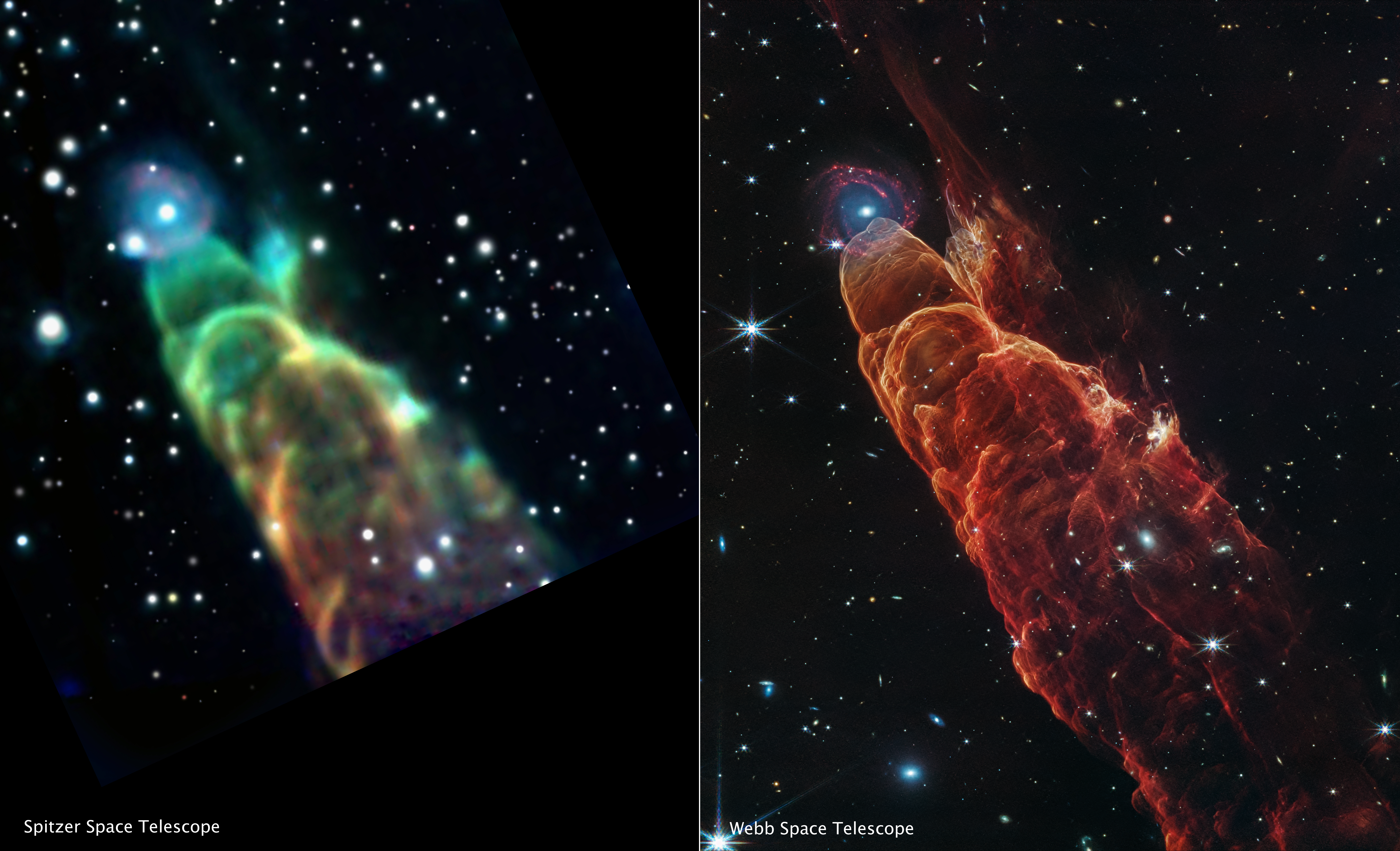 A side-by-side comparison of a Spitzer infrared image of Herbig-Haro 49/50 (HH 49/50) (left) versus a Webb infrared image (right) of the same object. In Spitzer’s view of the cone-shaped nebula with tornado-like features shows rainbow colors in shades of blue at tip, changing into green hues then orange hues down the cone towards the lower right. The background is punctuated with white small galaxies. A round blur with a blue core and reddish halo appears at the tip of the cone. The Webb view of HH 49/50 is dominated with shades of orange-red colors, rich in details throughout the cone-shaped nebula. The round blur at the tip of the nebula is resolved into spiral galaxy. The galaxy has a concentrated blue center that fades outwards to blend in with red spiral arms. The black background speckled with some white stars and smaller, fainter, and more detailed white galaxies.