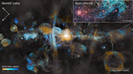Processed data from the MeerKAT radio telescope shows the plane of the Milky Way galaxy, with a graphic pullout highlighting a much smaller region on the right, captured by the James Webb Space Telescope’s near-infrared light observations. At the center of the MeerKAT image, a bright area is labeled Sagittarius A*. The images are labeled MeerKAT (radio) and Webb (infrared). A compass graphic shows North pointing toward the upper left corner and East pointing to the lower left. Each telescope image has a scale bar line. Webb’s reads 6 light-years and MeerKAT’s reads 145 light-years. At the lower left of the MeerKAT image is a spectral Index with color gradation from orange on the left, through cyan to blue on the right. Numbers on the spectral index read from left to right -1.8, -1, 0, 1.