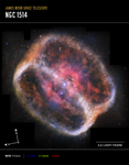 A graphic labeled “James Webb Space Telescope, NGC 1514.” What looks like a single large, bright star (but is two) is centered, surrounded by the shape of a short cylinder.