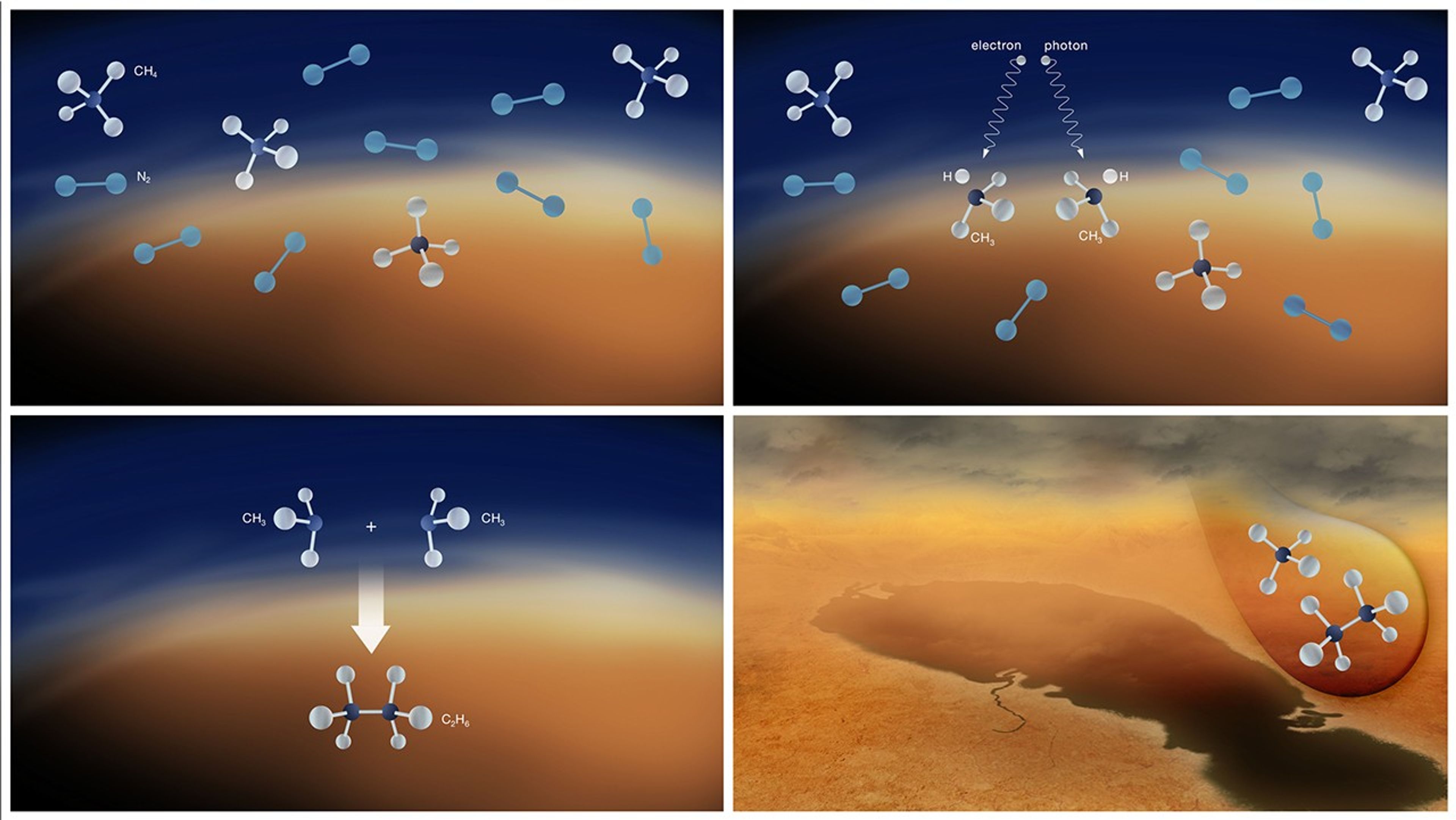 An illustration shows molecules of methane and ethane raining down onto the surface of the moon Titan.