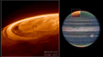 A two panel image. On the right is the planet Jupiter as seen in near-infrared light. Its clouds are dark blue and white in color, with some red spots within the clouds, while its poles are tinged with green, yellow and red. A box over the north pole is overlain with more data in shades of orange, displaying auroras as arcs and rings on the planet. To left, this area is shown larger in size and captioned “09:53:57 25 Dec. 2023”.
