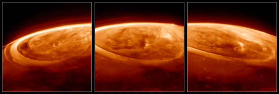 Three panels, each showing a close-up near-infrared image of Jupiter’s north pole, in shades of orange.