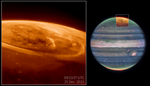 A two panel image. At left, a portion of Jupiter's pole in shades of orange. At right, the entire planet is multi-colored. At the top, a region is enclosed in a white box and shows the same orange image as in the left panel.