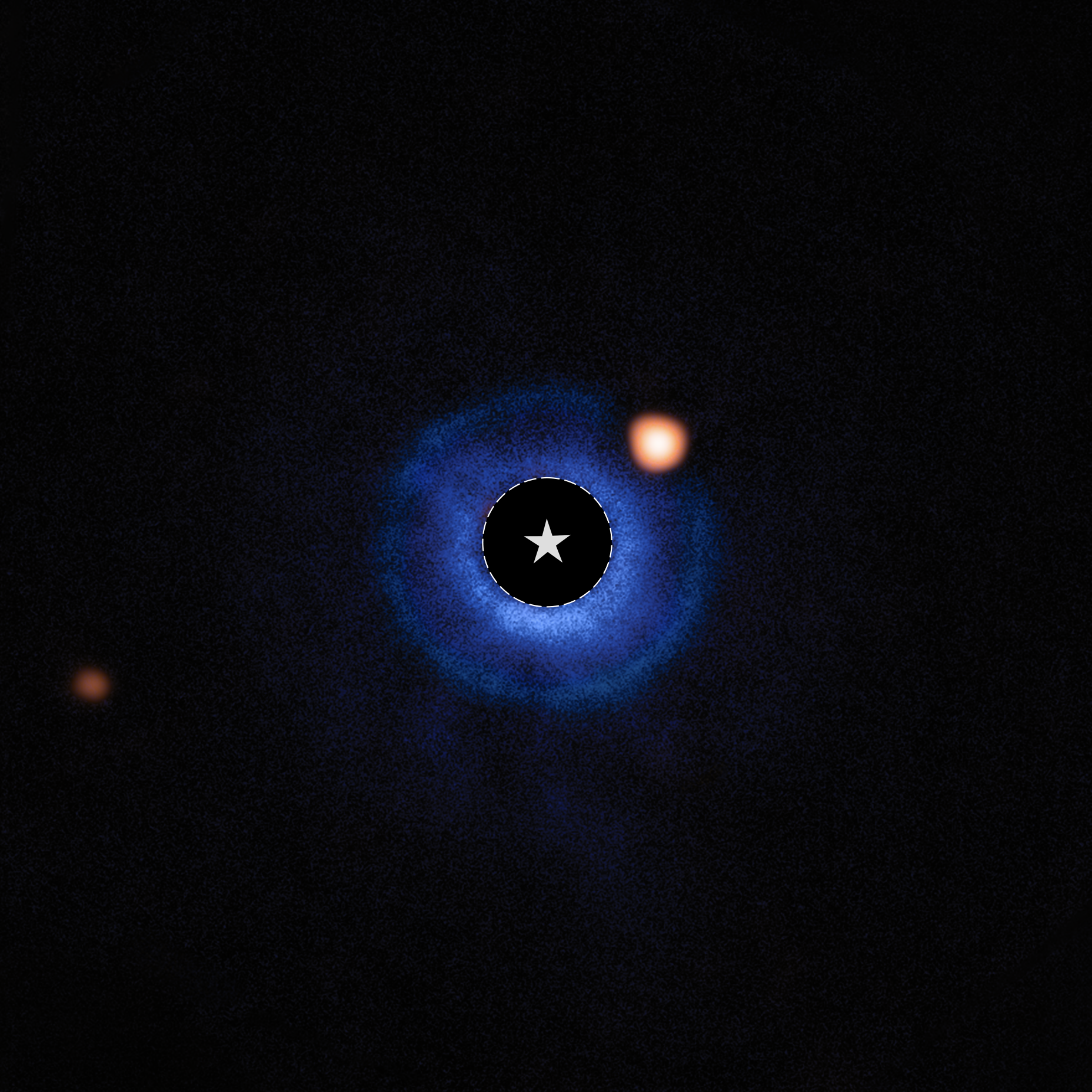 An image of a nearby star and its vicinity. The star itself has been blocked out and its bright light has been removed, appearing black. A dashed circle with a star symbol at the center of the image marks the star’s location. A fuzzy blue disk surrounds the star. An orange spot, near the star and inside this disk around 2 o’clock, is identified as a planet orbiting the star. A fainter orange spot at the lower left edge marks a distant star.