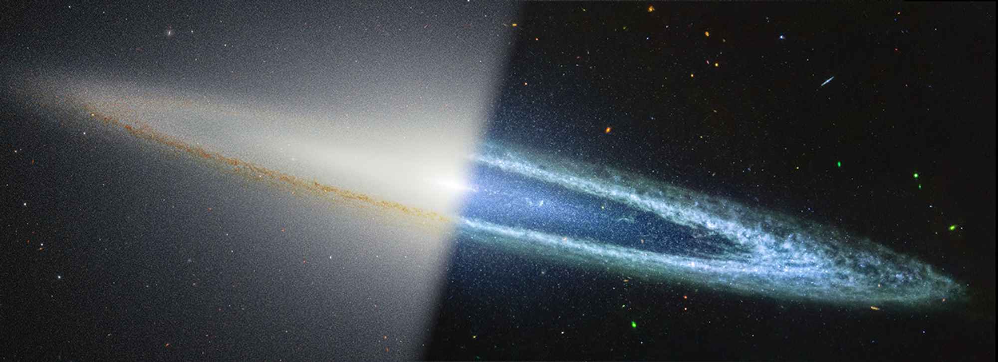 Two observations of the Sombrero galaxy are split diagonally, with Webb’s near-infrared observation at the left and Webb’s mid-infrared observation on the right. The galaxy is a very oblong disk that extends from left to right at an angle, from about 10 o’clock to 5 o’clock. The galaxy’s core is in the center. In the near-infrared image at left, the galaxy’s center glows white and extends above and below the disk. The outer edge of the disk is mottled brown clumps. In the mid-infrared image, the galaxy is light blue and clumpy, like clouds in the sky. There is an inner disk that is clearer, with speckles of stars scattered throughout. The background of space is black, scattered with tiny dots in a range of colors.