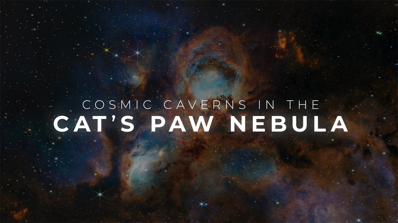 NASA's James Webb Space Telescope's near-infrared image of a portion of the Cat's Paw Nebula. White text at center reads "Cosmic Caverns in the Cat's Paw Nebula."