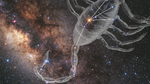 Telescope image including distant stars and the dark, arm of a galaxy are overlaid with a semi-transparent graphic representing the constellation Scorpio, as a scorpion. Thin blue lines connect the actual stars of the constellations.