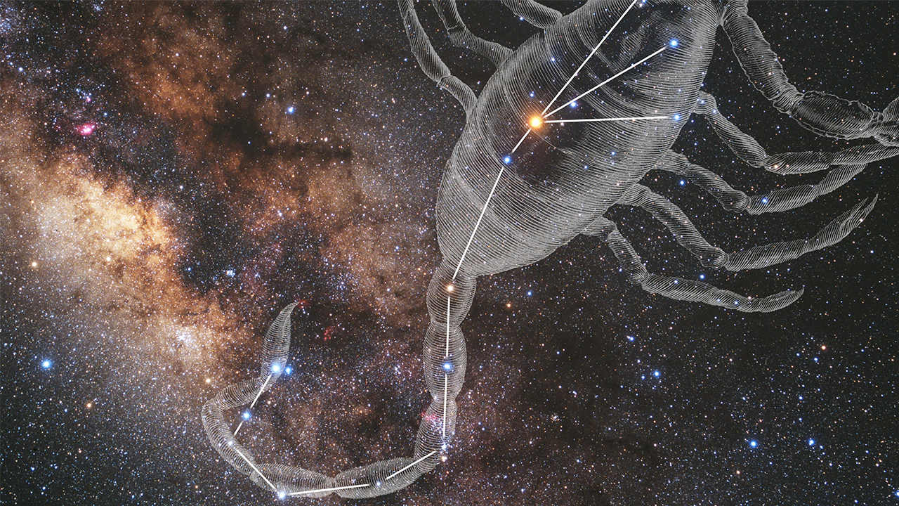 Telescope image including distant stars and the dark, arm of a galaxy are overlaid with a semi-transparent graphic representing the constellation Scorpio, as a scorpion. Thin blue lines connect the actual stars of the constellations.