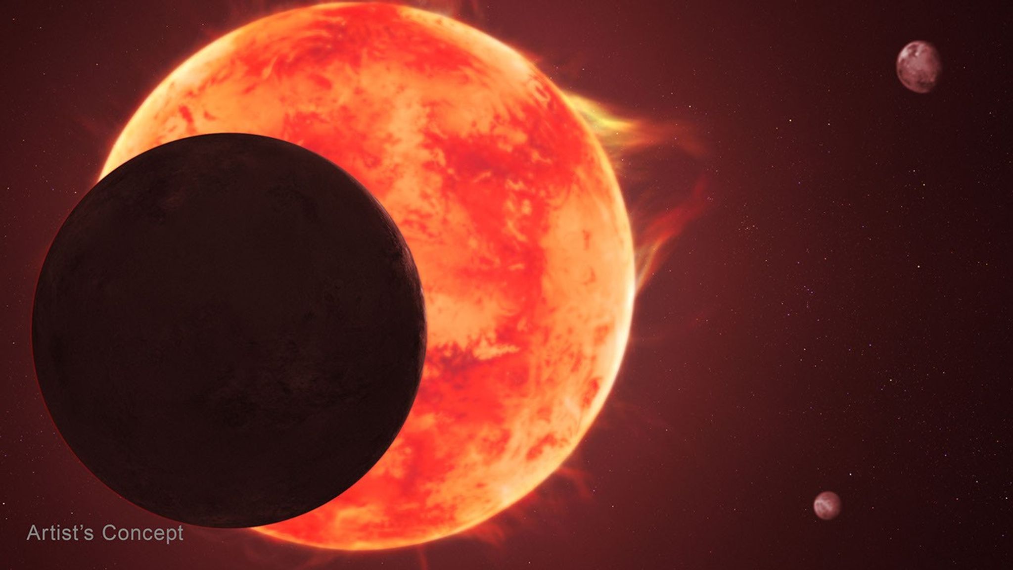 Illustration of a planet silhouetted in front of a star. The star shows a large eruption on one side and more wisps of red coming from its southern hemisphere. Two more planets appear in the background.