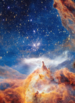 In what appears as a celestial dreamscape, a blue and black sky filled with brilliant stars covers about two thirds of the image. The stars are different sizes and shades of white, beige, yellow, and light orange. Across the bottom third of the scene is a craggy, mountain-like vista with spire-like peaks and deep, seemingly misty valleys. These so-called mountains appear in varying shades of orange, yellow, and brown. Above their soaring spires is a wispy, ethereal white cloud that stretched horizontally across the scene. Steam appears to rise from the mountaintops and join with this cloud. At the top, right corner of the image, a swath of orange and brown structure cuts diagonally across the sky.