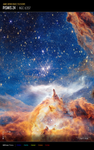 Image titled "James Webb Space Telescope, Pismis 24, NGC 6357" with compass arrows, scale bar, and color key. Image shows brilliant stars against a blue and black sky covering about two thirds of the image. Across the bottom third is a craggy, mountain-like vista with soaring peaks and deep, seemingly misty valleys. A wispy white cloud stretches horizontally across the mountaintops. At bottom left, compass arrows indicate the orientation of the image on the sky. The north arrow points downward in the 6 ou2019clock direction. The east arrow points in the 3 ou2019clock direction. At lower right is a scale bar labeled 1 light-year. The length of the bar is a about one-eighth the total width of the image. Below the image is a color key showing which NIRCam filters were used to create the image and which visible-light color is assigned to each filter. From left to right, filters are: F090W is blue; F187N is blue-green; F200W is yellow-green; F335M is orange; and F470N is red.