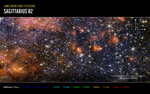 A region of space filled with stars and clumps of orange clouds, with compass arrows, scale bar, and color key for reference.