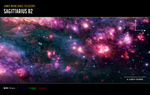 Cosmic clouds of pink and purple, some with bright centers, are surrounded by dark areas that appear like black space dotted with bright blue stars. Compass arrows, scale bar, and color key are included for reference.