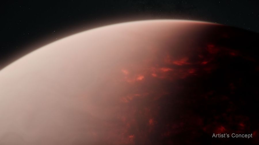 Illustration showing a planet that appears to have a partially molten surface and a thick atmosphere.