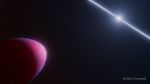 llustration labeled u201cartistu2019s conceptu201d at right bottom corner. At left bottom corner, a partially illuminated, lemon-shaped exoplanet appears against a black background. This planet is most brightly illuminated at its elongated tip on its right side. On the left side, which is wider, the planet trails off into the darkness of the background. The planet is colored in varying, mottled shades of red, light pink, and fuchsia. Most of the pink occurs closest to the tip, while most of the fuchsia is at the top and bottom edges. At right top corner, a white beam emanates diagonally, oriented from 10 ou2019clock to 4 ou2019clock, from either side of a small, glowing, white star.