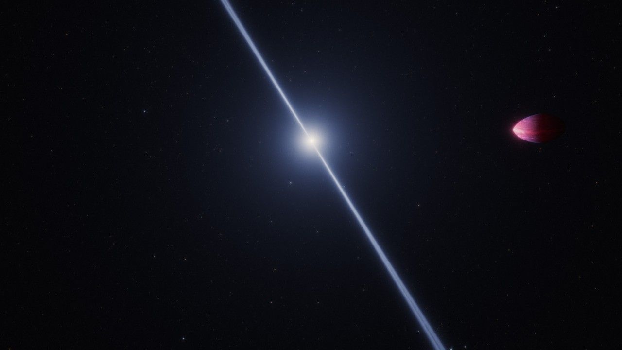 Against a black background, a white beam emanates diagonally, oriented from 11 ou2019clock to 5 ou2019clock, from either side of a small, glowing, white star. To the right of this star, a partially illuminated, lemon-shaped exoplanet appears. This planet is most brightly illuminated at its elongated tip on its left side. The planetu2019s right side, which is wider, appears to trail off into the darkness of the background. The planet is colored in varying, mottled shades of red, light pink, and fuchsia. Most of the pink occurs closest to the tip, while most of the fuchsia is at the top and bottom edges.