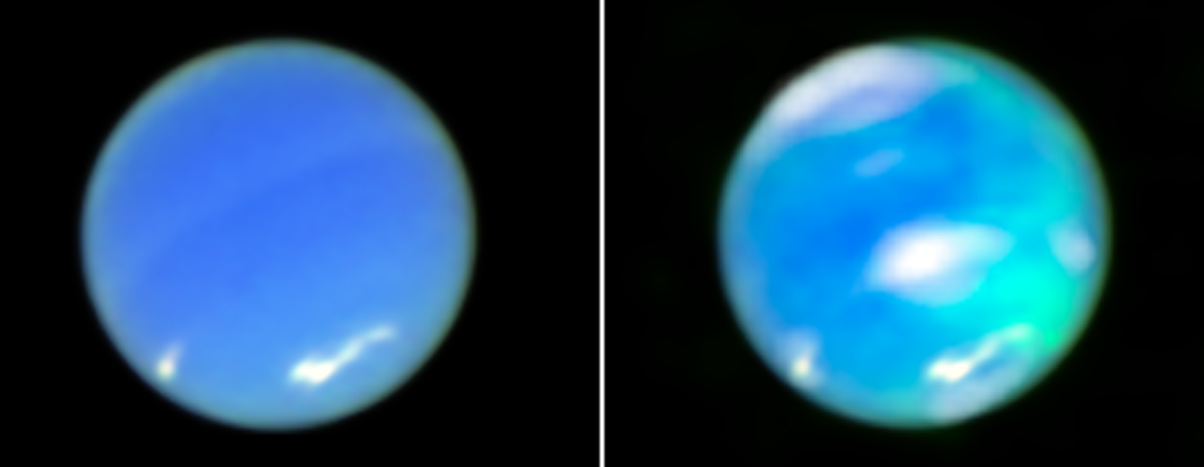 A two-panel horizontal image. On the left is Neptune, as seen from the Hubble Space Telescope. It is a blue circle, tilted about 25 degrees to the left. There are white smudges at 7 o’clock and just above 5 o’clock. At the right is an opposing view of the planet, using data from Hubble and Webb. It is a multi-hued blue orb. There are white smudges in the same spots as the image on the left, but also at the center of the planet and at the top. There are cyan smudges vertically along the right side, with the top of the smudging more translucent than the bottom.