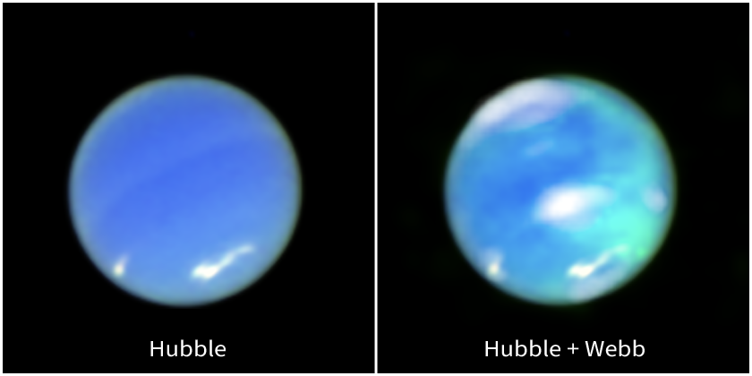 Una imagen horizontal de dos paneles. A la izquierda, Neptuno visto desde el telescopio espacial Hubble. Es un círculo azul, inclinado unos 25 grados hacia la izquierda. Hay manchas blancas a las 7 en punto y justo por encima de las 5 en punto. A la derecha, una vista opuesta del planeta, utilizando datos del Hubble y del Webb. Es un orbe azul multicolor. Hay manchas blancas en los mismos puntos que en la imagen de la izquierda, pero también en el centro del planeta y en la parte superior. Hay manchas cian en vertical a lo largo del lado derecho, con la parte superior de la mancha más translúcida que la inferior.