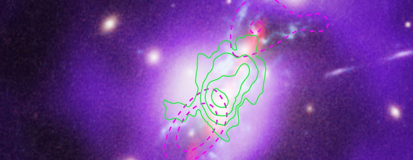 A galaxy cluster. The center of the cluster is bright white with short red jets that point toward the top right and bottom left, and several blue filaments that spread throughout the center. Outside the bright center is purple gas that is bright toward the center of the image and dimmer further from the center. There are contour lines overlayed in different colors.