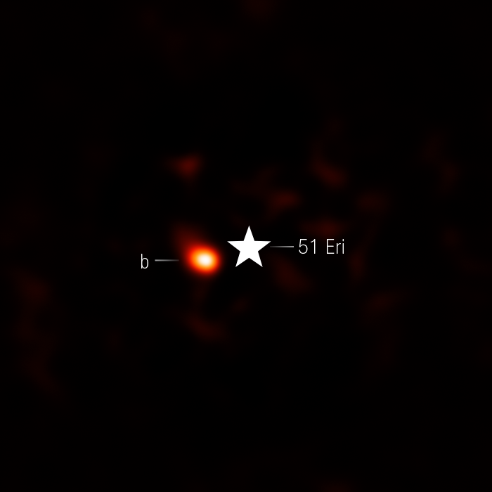 This image shows the exoplanet 51 Eri b. The image is mostly black, with very faint residual red dots apparent in the central region of the image. At the center of the image, there is a symbol representing a star labeled 51 Eri. This star blocks the light from the host star. To the left of the circle is a fuzzy bright red circle, which is the exoplanet, labeled b.