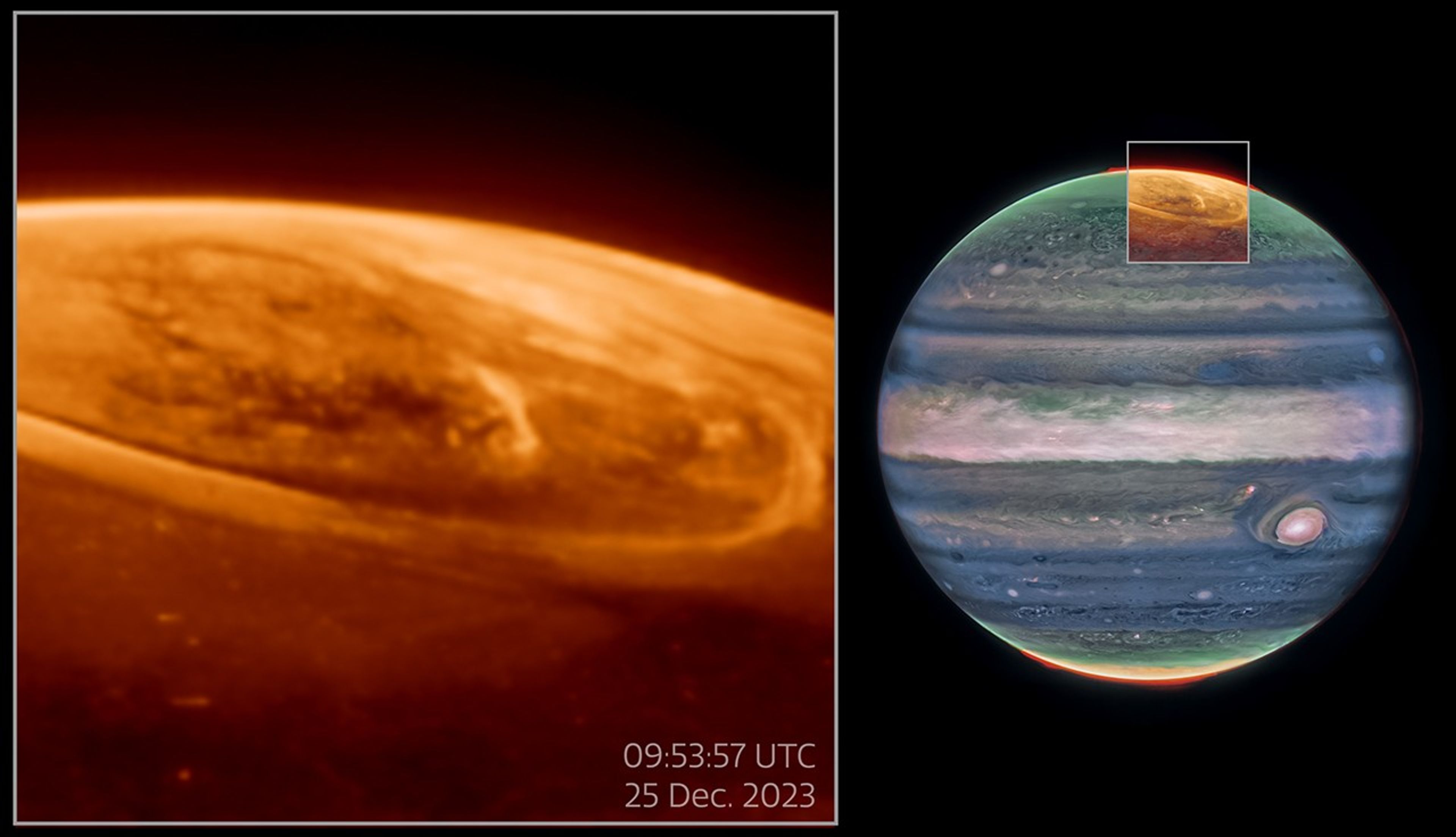A two panel image. On the right is the planet Jupiter as seen in near-infrared light. Its clouds are dark blue and white in color, with some red spots within the clouds, while its poles are tinged with green, yellow and red. A box over the north pole is overlain with more data in shades of orange, displaying auroras as arcs and rings on the planet. To left, this area is shown larger in size and captioned “09:53:57 25 Dec. 2023”.