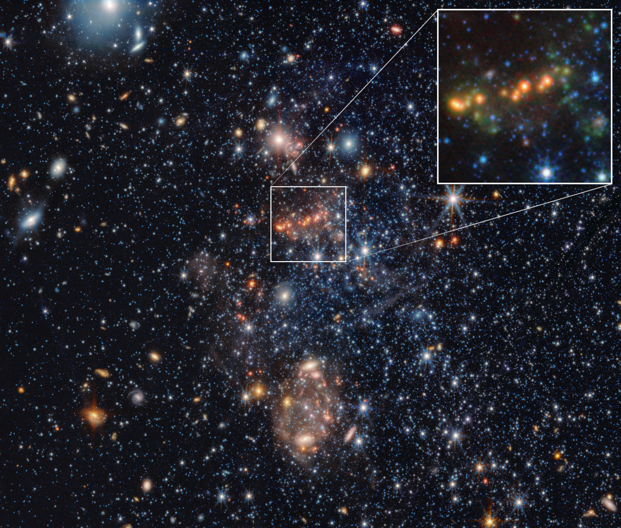 Webb image of the dwarf galaxy Sextans A with PAH rich regions highlighted. NASA explains these PAHs appear in small clumps rather than broad smooth emission, a clue to how early universe dust formation may work in low metallicity conditions.