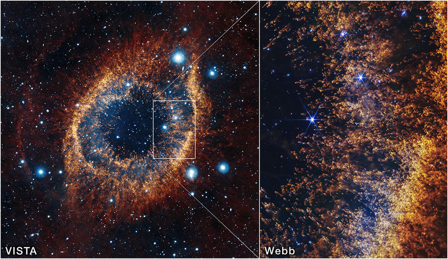 Two panels showing different views of a planetary nebula. The left panel, labeled VISTA, shows colorful light from a glowing cloud shaped like an American football at 45-degree angle. It looks resembles an eye. The outer edges of the nebula are red and clumpy, and traveling in towards the center, they become yellow and golden. The center of the nebula is black and speckled with tiny stars. At three o’clock along the shell of gas, there is a rectangular box around part of the shell. Lines extend from the box to the right, where the image shows thousands of orange and gold comet-like pillars stream leftward from the right, like thin liquid blown up a sheet of glass. These pillars are around the circumference of the arced shell, which forms a partial orange semi-circle at the right. The pillars are more numerous and denser at the right, and darker red.