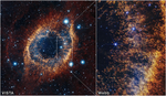 Two panels showing different views of a planetary nebula. The left panel, labeled VISTA, shows colorful light from a glowing cloud shaped like an American football at 45-degree angle. It looks resembles an eye. The outer edges of the nebula are red and clumpy, and traveling in towards the center, they become yellow and golden. The center of the nebula is black and speckled with tiny stars. At three ou2019clock along the shell of gas, there is a rectangular box around part of the shell. Lines extend from the box to the right, where the image shows thousands of orange and gold comet-like pillars stream leftward from the right, like thin liquid blown up a sheet of glass. These pillars are around the circumference of the arced shell, which forms a partial orange semi-circle at the right. The pillars are more numerous and denser at the right, and darker red.