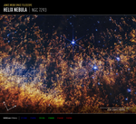 Image titled u201cJames Webb Space Telescope, Helix Nebula, NGC 7293u201d with compass arrows, scale bar, and color key. Image shows thousands of orange and gold comet-like pillars stream upward from the bottom, like thin liquid blown up a sheet of glass. These pillars are around the circumference of the arced shell, which forms a partial orange semi-circle at the bottom. Several bright blue stars are scattered throughout. At the bottom left are compass arrows indicating the orientation of the image on the sky. The north arrow points in the 2 ou2019clock direction. The east arrow points toward 11 ou2019clock. At the lower right is a scale bar labeled .25 light-years. The length of the scale bar is about one-fifth the total width of the image. Below the image is a color key showing which NIRCam filters were used to create the image and which visible-light color is assigned to each filter. From left to right, NIRCam filters are: F115W and F187N are blue, F212N and F356W are green, F444W and F470N are red.