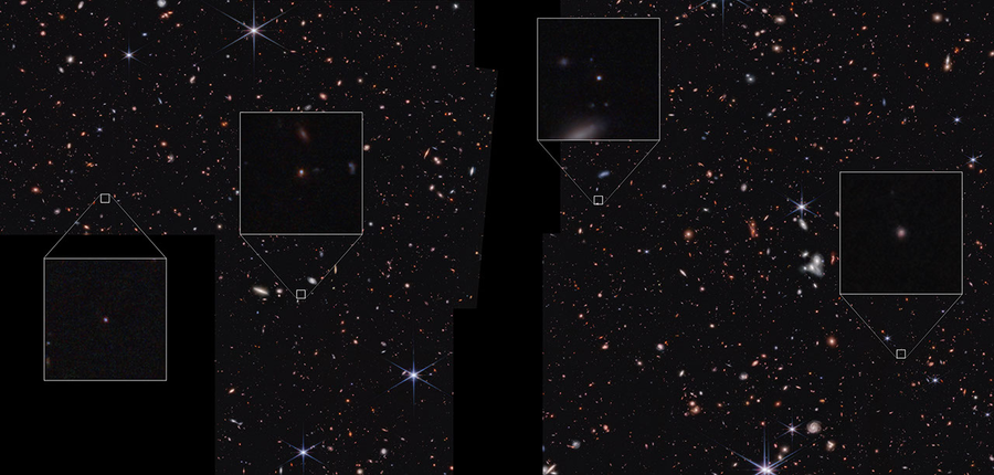 James Webb Space Telescope image showing a broad area of space with many small galaxies, four of which are highlighted in pull-out boxes. The four highlighted galaxies are very small, appearing as points of light. Black areas of the overall image indicate where the telescope did not collect data – a vertical section in the center and a square in the lower left corner.