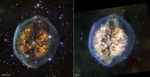 Side-by-side images of the same nebula show how differently it appears in near-infrared, on the left, versus mid-infrared light, on the right. Left image is labeled NIRCam and the right is labeled MIRI.nnIn near-infrared, the nebulau2019s outer bubble has a white edge and its inner clouds are orange, with a distinct dark lane cutting vertically through the center. Stars and background galaxies appear around the nebula and through the outer bubble.nnIn mid-infrared, the outer bubble has a bluish tint and there is more material in the inner clouds, which are colored off-white. The vertical dark lane is still present but more interrupted and covered by the clouds. Material appears to be erupting out the top of the nebula, and this effect is mirrored to a lesser degree at the bottom, opposite end.