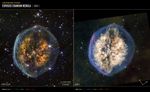 Two side-by-side images from the James Webb Space Telescope, with the left labeled NIRCam and the right labeled MIRI. Overall image title at top left reads James Webb Space Telescope, Exposed Cranium Nebula, PMR 1. At bottom right are compass arrows indicating the orientation of the image on the sky. The north arrow points in the 2 ou2019clock direction. The east arrow points toward 10 ou2019clock.nThe scale bar reads 0.5 light-years/20 arcsec and spans about one-seventh of each image. Below each image is a color key showing which filters were used to create the image and which visible-light color is assigned to each filter. NIRCam filters are F150W in blue, F187N in green, F444W in orange and F470N in red. MIRI filters are F1000W in blue, F1130W in green, F1280W in orange, and F1800W in red.
