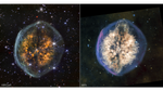 Side-by-side images of the same nebula show how differently it appears in near-infrared, on the left, versus mid-infrared light, on the right. Left image is labeled NIRCam and the right is labeled MIRI.nnIn near-infrared, the nebulau2019s outer bubble has a white edge and its inner clouds are orange, with a distinct dark lane cutting vertically through the center. Stars and background galaxies appear around the nebula and through the outer bubble.nnIn mid-infrared, the outer bubble has a bluish tint and there is more material in the inner clouds, which are colored off-white. The vertical dark lane is still present but more interrupted and covered by the clouds. Material appears to be erupting out the top of the nebula, and this effect is mirrored to a lesser degree at the bottom, opposite end.