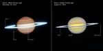 Side-by-side comparison of Saturn observed at different wavelengths and times show how differently it appears in infrared, on the left, versus visible light, on the right. Left image is labeled Saturn, Webb Infrared Light, November 29, 2024. Right image is labeled Saturn, Hubble Visible Light, August 22, 2024.nIn infrared, Saturn has horizontal bands, with bands at the north and south poles appearing darker orange and lightening to tan as they approach the equator. The north and south poles glow a greenish-grey. The rings appear in an icy neon white. White dots, representing several of Saturnu2019s moons, are labeled Janus, Dione, and Enceladus.nIn visible, Saturnu2019s horizontal bands appear pale yellow, with some bands towards the north and south pole having a light blue hue. The rings appear bright white, glowing slightly less than Webbu2019s infrared image. White dots, representing several of Saturnu2019s moons, are labeled Janus, Mimas, and Epimetheus.
