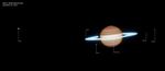 A wide look at Saturn and several of its moons on the black background of space. Image is labeled Saturn, Webb Infrared Light, November 29, 2024. Saturn has horizontal bands, with bands at the north and south poles appearing darker orange and lightening to tan as they approach the equator. The north and south poles glow a greenish-grey. The rings appear in an icy neon white. White dots, representing several of Saturnu2019s moons, are labeled Titan, Janus, Dione, and Enceladus. Titan is the largest dot, and appears at the far left of the image, some distance away from Saturn and the other moons.