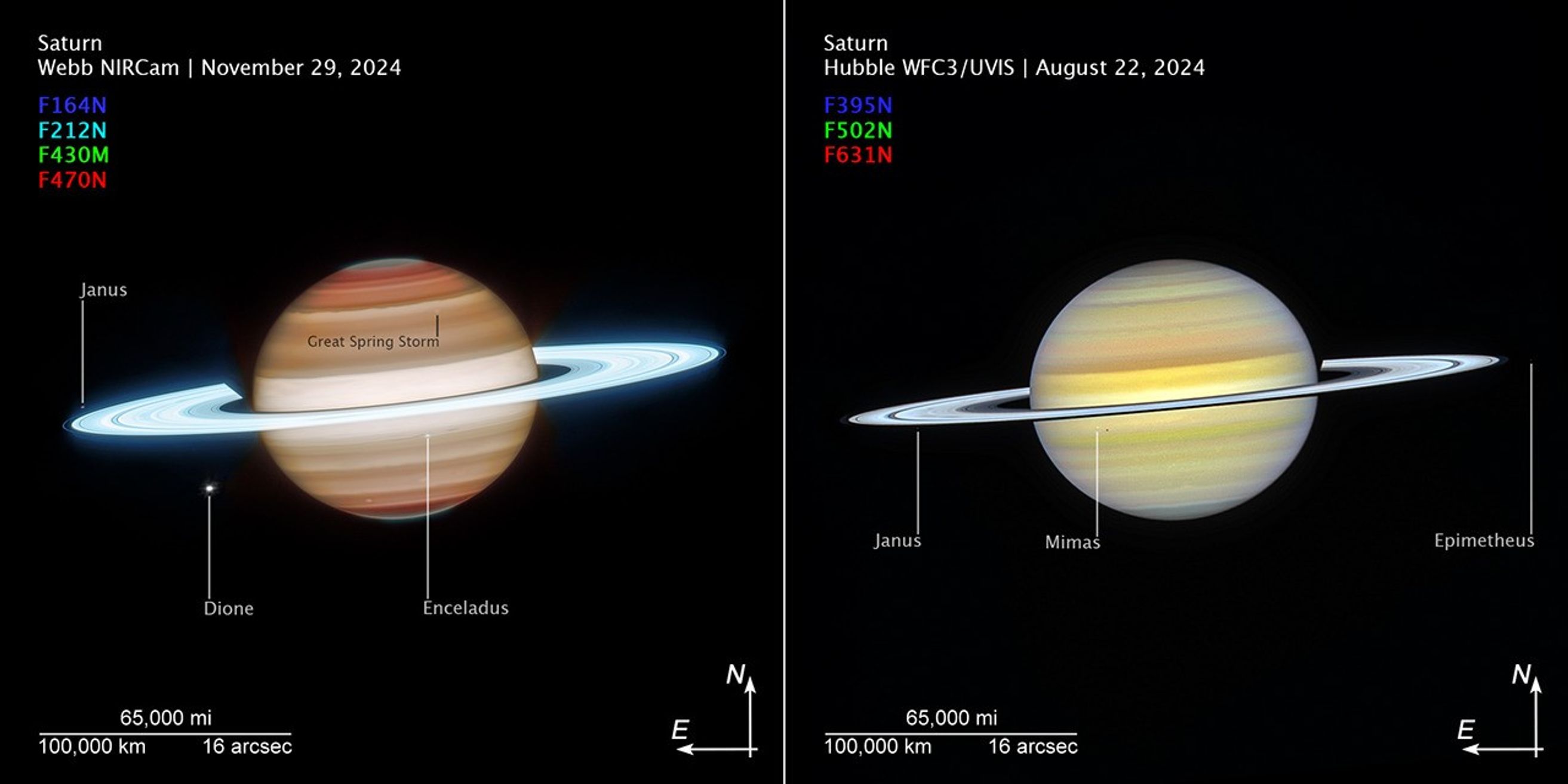 Two side-by-side images of Saturn, with the left labeled Webb NIRCam, November 29, 2024 and the right labeled Saturn, Hubble WFC3/UVIS, August 22, 2024.nIn each image, Saturn has horizontal banding. Saturn is a darker orange in the NIRCam image, and a paler yellow in the WFC3/UVIS image. The planetu2019s rings are white in both, but glow brighter in the NIRCam image. White dots representing moons are labeled in both images.nAt bottom right of each image are compass arrows indicating the orientation of the image on the sky. The north arrow points to 12 ou2019clock, the east to 9 ou2019clock.nThe scale bar, at the bottom left of each image, reads 65,000 miles/100,000 km/16 arcsec and spans about one-third of each image. Below each image label is a color key showing which filters were used to create the image and which visible-light color is assigned to each filter. NIRCam filters are F164N in blue, F212N in cyan, F430M in green and F470N in red. WFC3/UVIS filters are F395N in blue, F502N in green, and F631N in red.