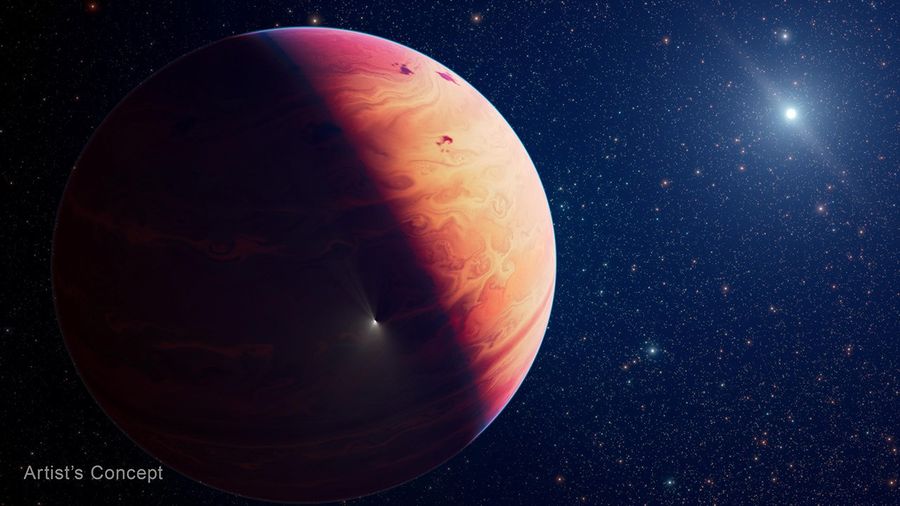 At left, an illustration shows a gas giant exoplanet whose right half is illuminated while the left half is in shadow. It is mostly orange shading to pinks and purples at the two poles and shows swirling bands of clouds. Three dark splotches on its upper right show locations where comet fragments impacted the cloudtops, and another incoming comet fragment is seen as a bright spot against the nightside. The planet is against a black background speckled with stars. In the upper right corner of the image shines a small white blob representing its host star. A faint edge-on disk of dust extending from 10 o’clock to 4 o’clock on the star is also white. The words “Artist’s Concept” are at lower left.