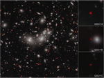 Space telescope image showing hundreds of bright objects of different size, color, and shape on the black background of space. Colors range from white to deep red. Shapes include elliptical, spiral, dot-like, dash-like, and arcuate. Many of the large objects near the center of the image are fuzzy white, with bright white cores. Many smaller objects scattered throughout the image are pink to red. Three objects in the central part of the image are called out with small white boxes: A box labeled u201cCu201d at about 12 ou2019clock; one labeled u201cBu201d at 3 ou2019clock; and a box labeled u201cAu201d at 4 ou2019clock. Images of the three objects are enlarged in boxes running vertically along the right. From top to bottom these are labeled QSO1A, QSO1B, and QSO1C. At the center of each box is a tiny, circular red dot. QSO1A (top) is notably larger, brighter, and clearer than the other two. QSO1B, in the middle, is smallest and fuzziest, and is somewhat washed out by the light of a larger white object next to it.