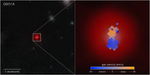 Image at left. Pullout with map on right. Left: Space telescope image labeled QSO1A shows small, red, circular object outlined with white square. Scale bar in bottom left corner labeled 1 arcsecond shows that image is about 4 arcseconds across and object is about 0.4 arcseconds across. Right: Enlarged view of Little Red Dot overlaid with dumbbell-shaped array of pixels ranging in color from blue to orange. Dumbbell shape is vertical, and pixels are oriented at 45 degrees. Below pixels is blue to orange scale bar showing that color of each pixel is related to gas velocity in kilometers per second. Left side of scale bar grades from blue (labeled 20) to gray (labeled 0). Blue arrow pointing left from 0 to 20 beneath left (blue) side of scale bar is labeled toward. Orange arrow pointing right from 0 to 20 beneath the right (orange) side labeled away. Pixels on lower half of dumbbell shape are blue to gray. Most pixels on upper half are orange to gray, but some are blue.
