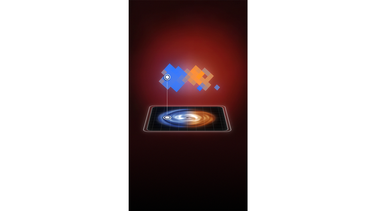 Screenshot of vertical video showing a pixelated map above an oblique view of gas swirling around a black hole.