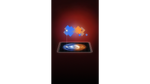 Screenshot of vertical video showing a pixelated map above an oblique view of gas swirling around a black hole.