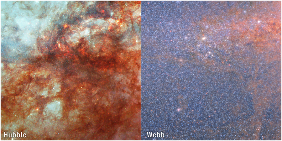 A side-by-side comparison of a portion of starburst galaxy Messier 82 (M82) as seen by NASA’s Hubble (left) and James Webb (right) space telescopes. The left image is labeled “Hubble” and the right image is labeled “Webb.” Hubble’s visible-light view at left shows bright, bluish light radiating from the center and a thick lane of dust, black in the center and red around the edges, diagonally stretching across the scene. Thinner strands and clumps of reddish dust cover the majority of the view. Webb’s infrared-light view at right shows a dense area of stars, depicted as luminous blue-white grains, against the black background of space. Toward the right side is clumpy red material, which is most visible toward the top right corner.