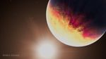 Illustration of a planet and a star, labeled artistu2019s concept at the bottom left. The planet fills more than a quarter of the image to the upper right, with the bright star to its lower left. The planet is white hot on the star side, fading to yellow that mixes with swirls of bright red across its middle, and eventually fading to black on the side most distant from the star. Distant stars dot the background of space, which is black near the edges of the frame.
