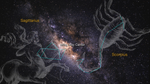 Telescope image shows the Milky Way. The Milky Wayu2019s central region runs from top left to bottom right and has dark lanes of dust overlapping bright regions of stars. At the center is a label, Milky Way Center. The entire image is mostly black with pinpoints of light throughout. Thin blue lines connect several stars of two constellations, including the shape of a teapot representing Sagittarius at left and a long, arced line representing Scorpius at right. On the left, a large illustration of a centaur represents Sagittarius, with the teapot over his right arm. On the right, a large illustration of a scorpion represents Scorpius, with the line running throughout the center of its body.